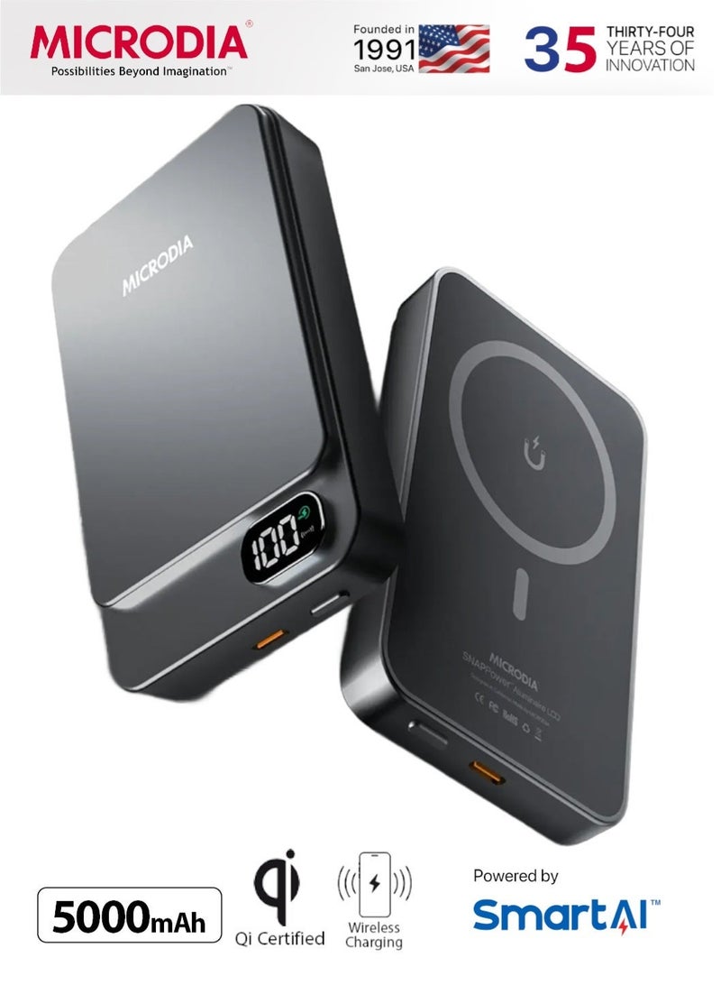 MICRODIA SNAPPower Aluminaire 5000mAh Magnetic Power Bank, 35W PD Fast Charging with LCD Display, MagSafe Wireless Charger for iPhone 15/14/13/12, Samsung S25 Ultra, etc – Charcoal - Image 1